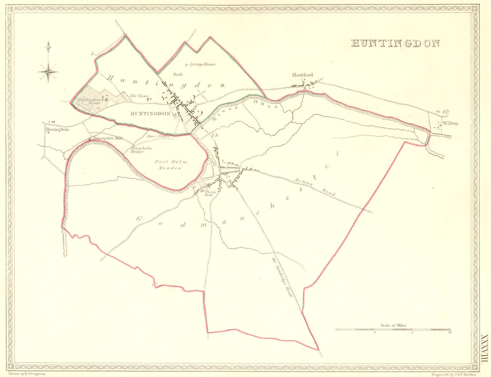 HUNTS. Huntingdon. Creighton Walker. Town Plan 1835 old antique map chart